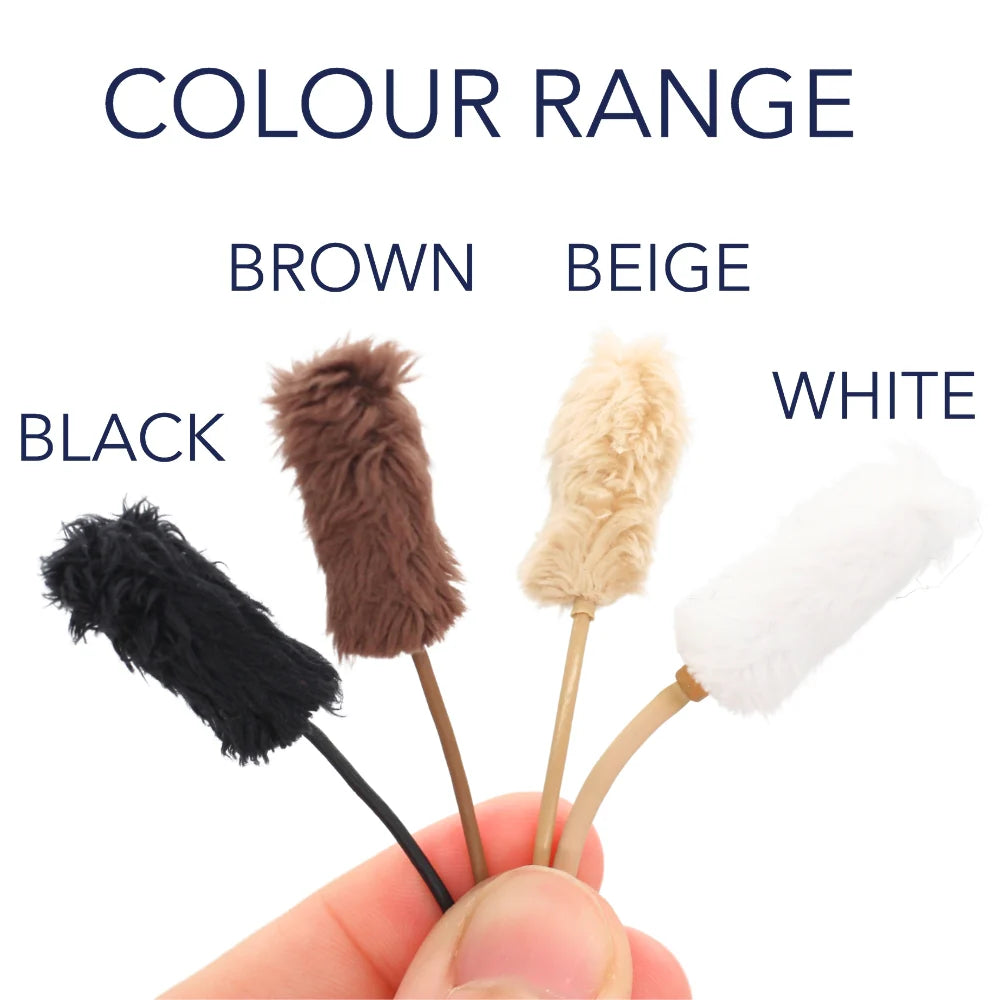 Assorted plush fur microphone sleeves in black, brown, beige, and white