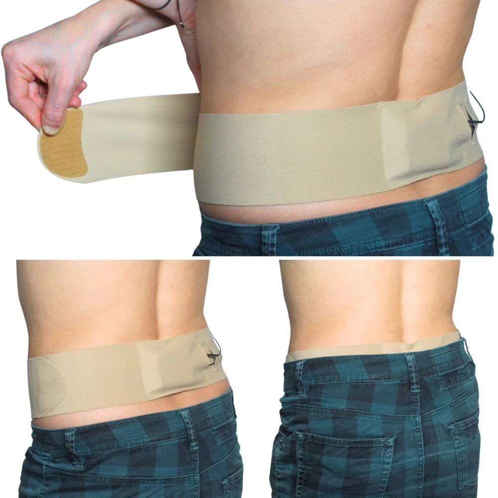 Beige waist strap with side pouch worn on waist, side and back views