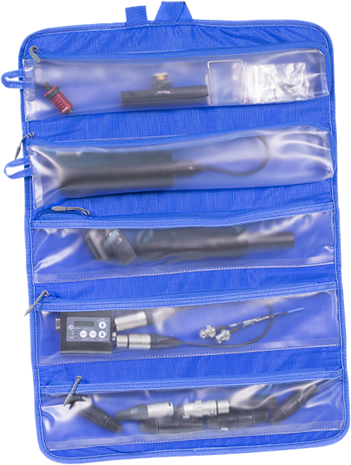 Blue audio accessory organizer pouch with clear zip compartments