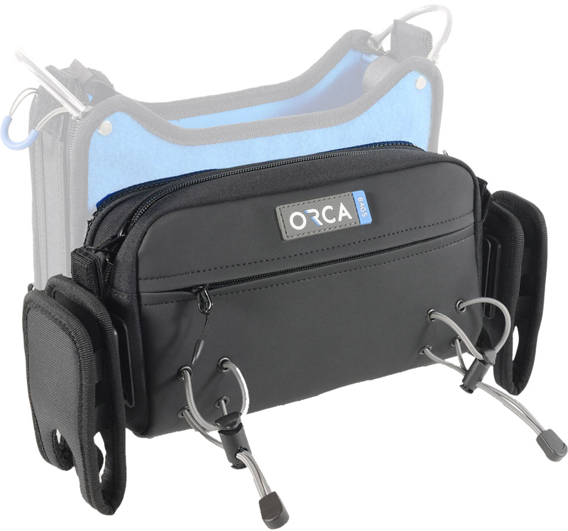 ORCA front pouch with zipper, gray/black body, and side clip straps