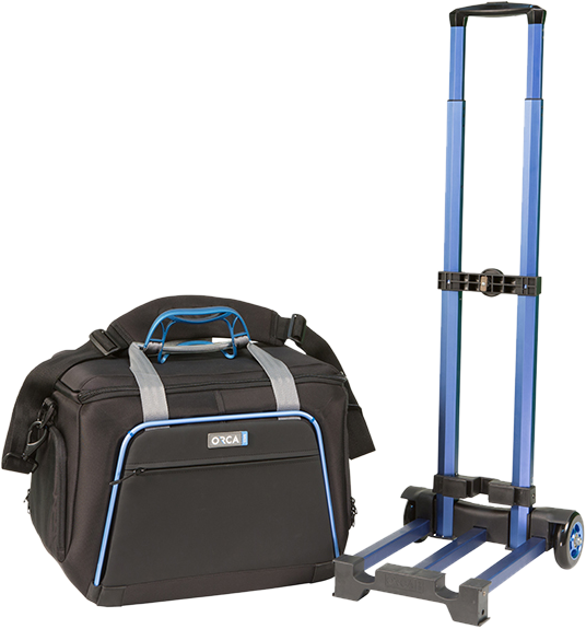 ORCA OR-70 rolling trolley with wheels and extended handle, plus black blue-trim bag