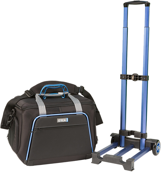 ORCA OR-70 rolling trolley with wheels and extended handle, plus black blue-trim bag