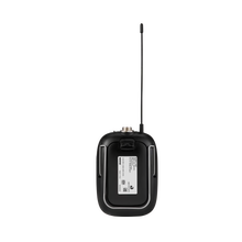Black wireless bodypack transmitter rear view with antenna and ID information sticker