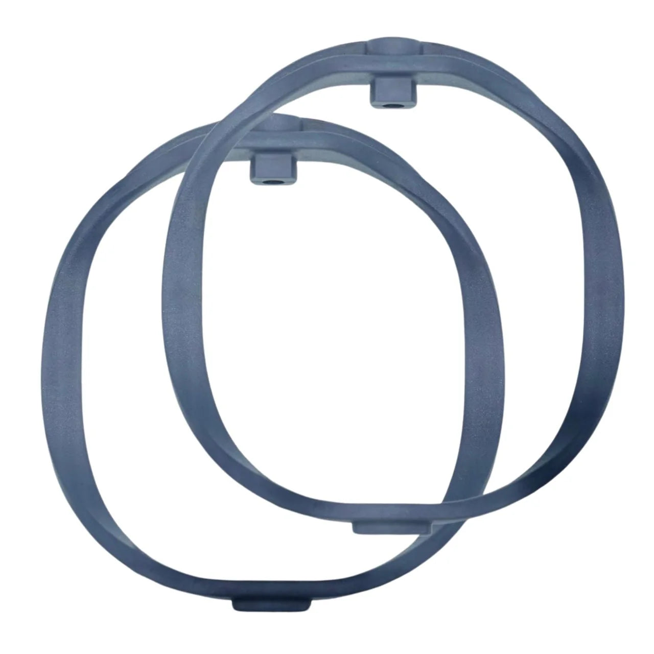 Pair of RAD-2 hoops in dark blue, two round rings with rectangular clasp ends
