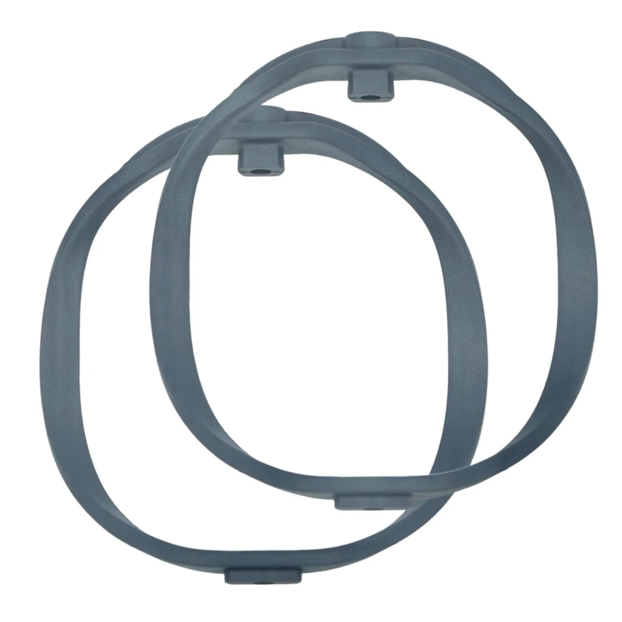 Pair of RAD-2 hoops in blue, two overlapping rings with small bottom clasp