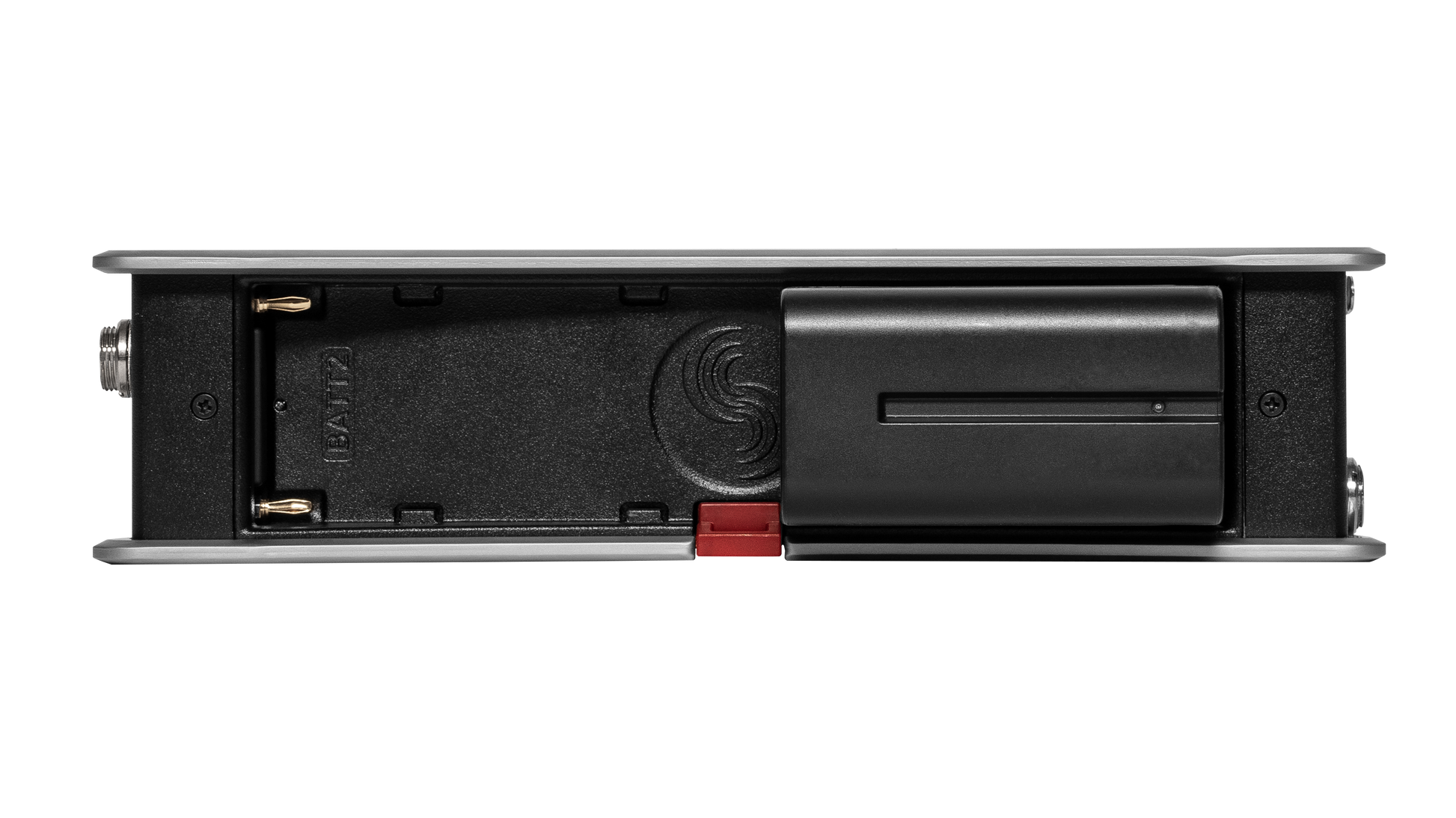 Black audio recorder rear panel with port cover and red latch