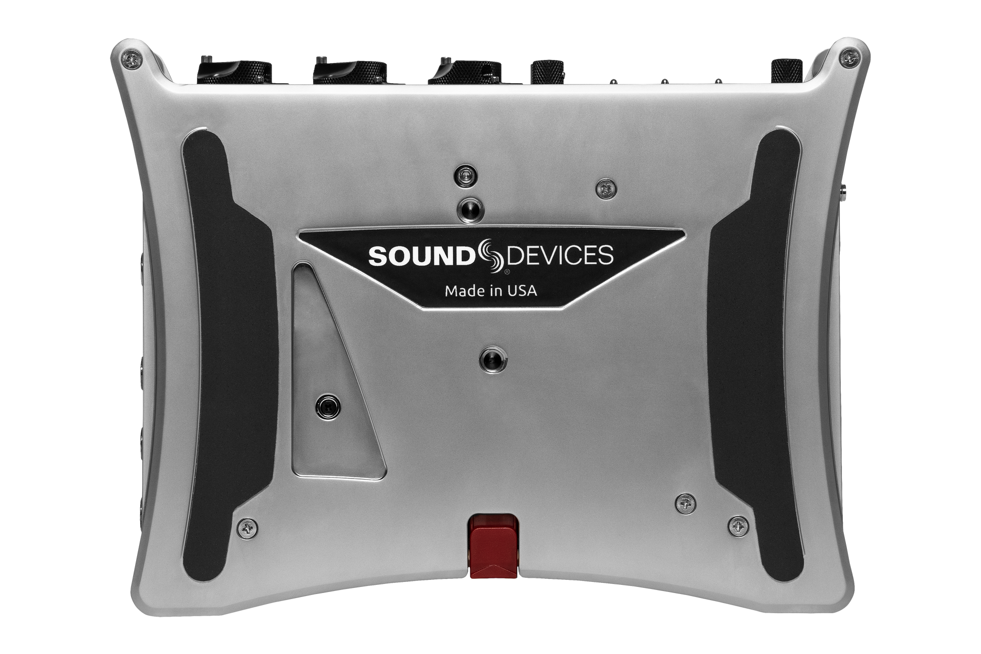Silver audio recorder rear panel with SOUND DEVICES logo and red latch