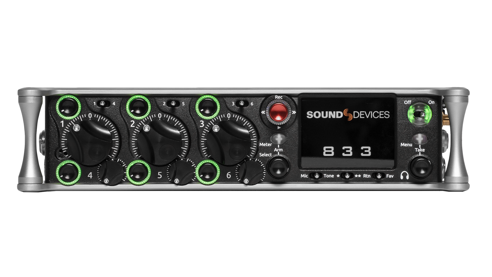 Black audio recorder front panel with knobs, meters, and green-ring controls