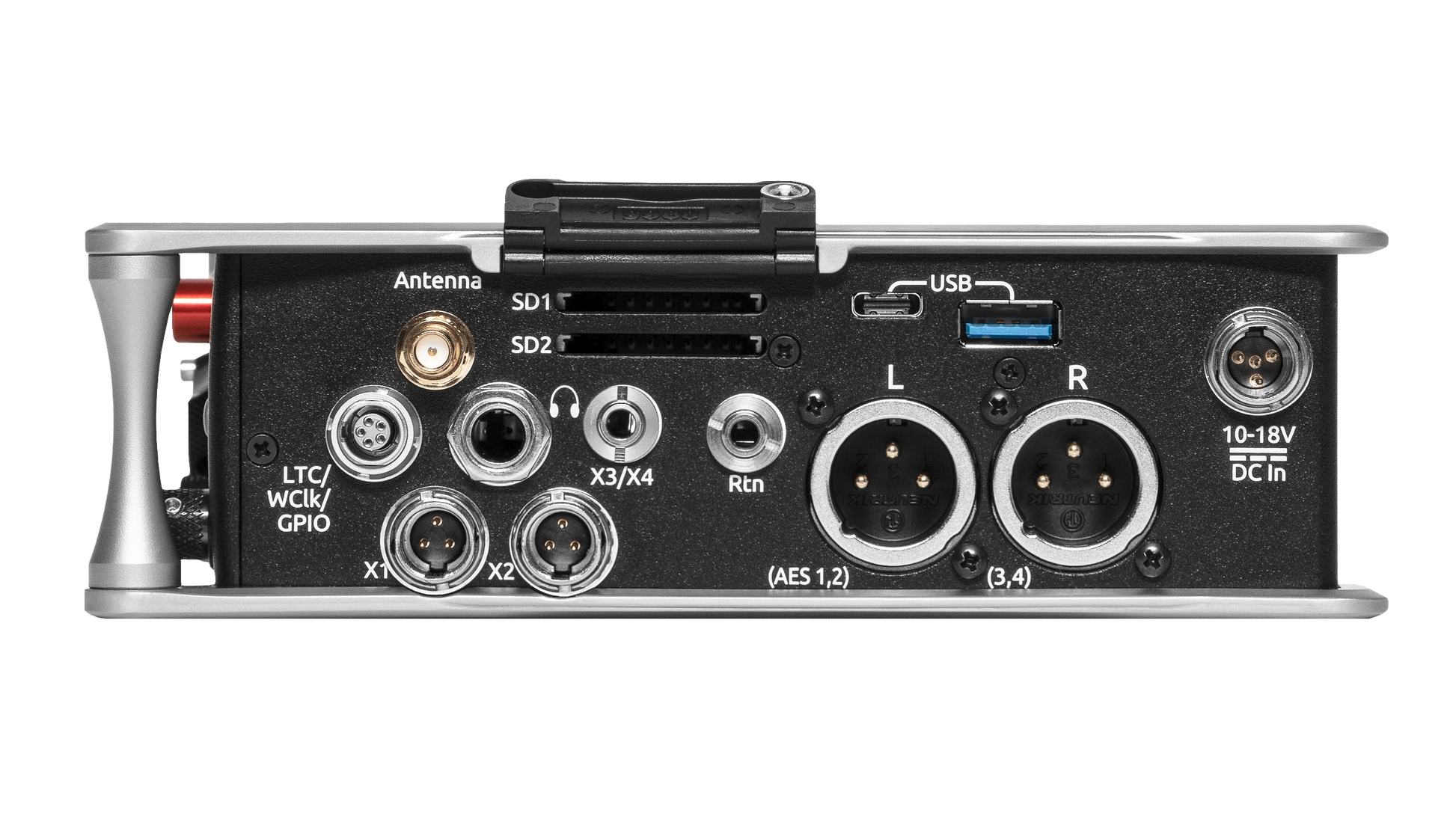 Audio recorder rear I/O panel with USB, SD slots, XLR, and DC input
