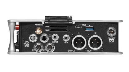Audio recorder rear I/O panel with USB, SD slots, XLR, and DC input