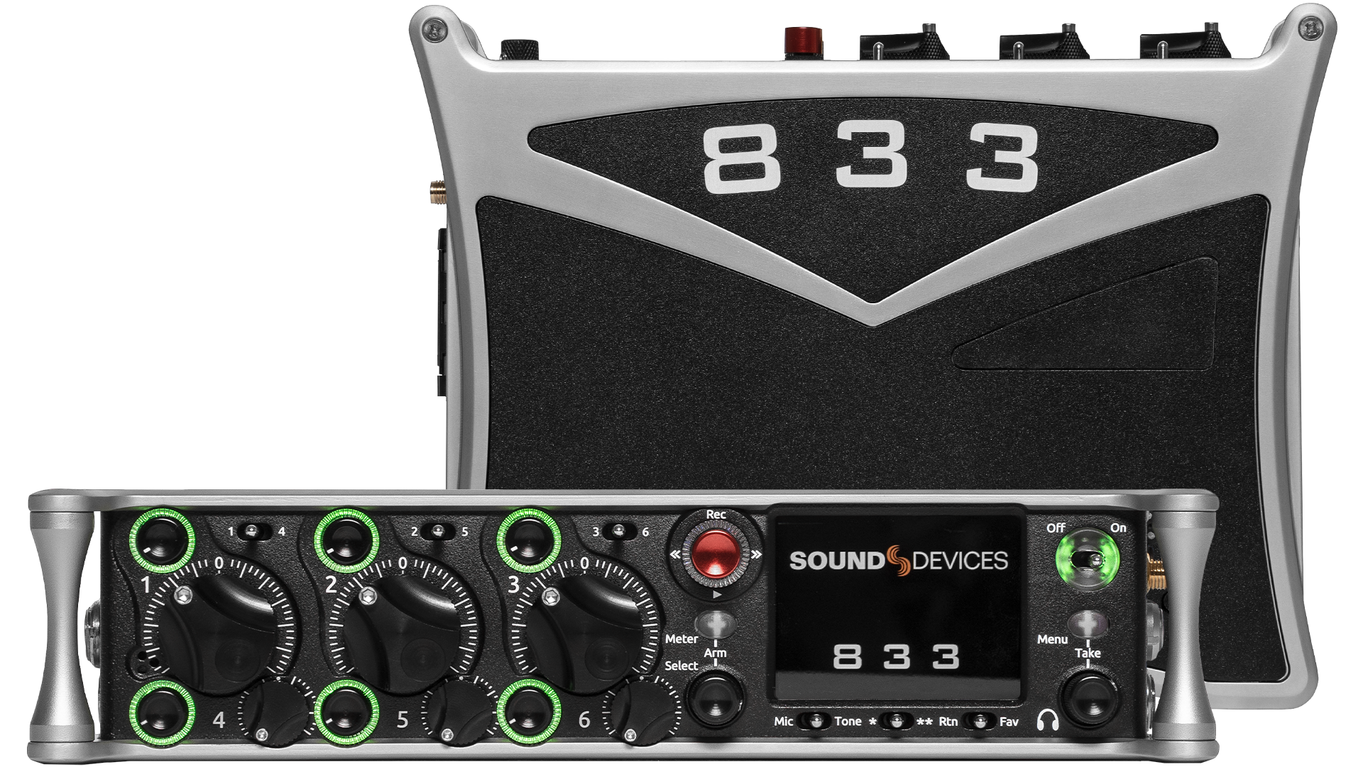 Black audio effects module with 8 3 3 label and front panel knobs