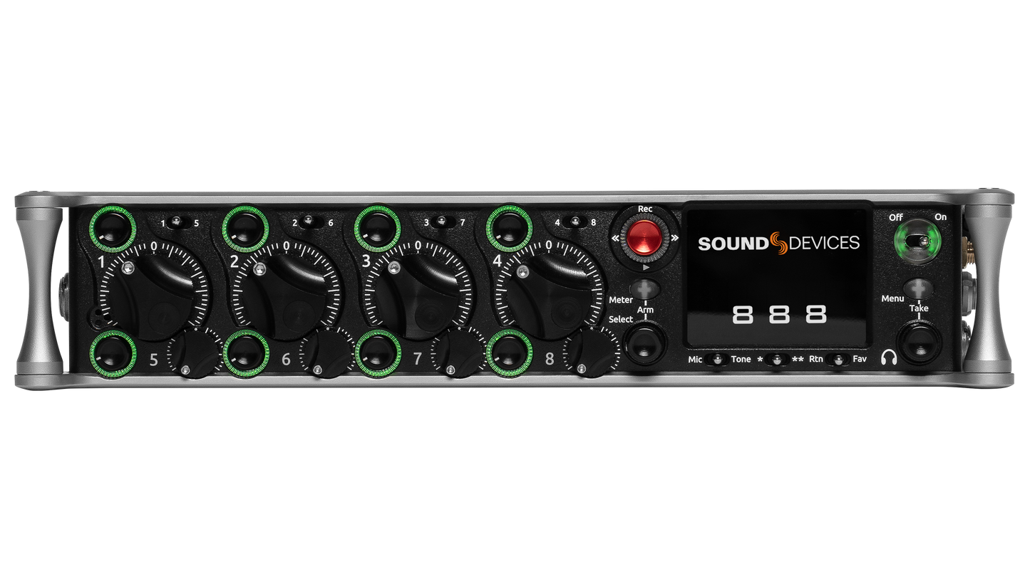 Sound Devices 888 audio mixer/recorder with dark front panel and green knob accents
