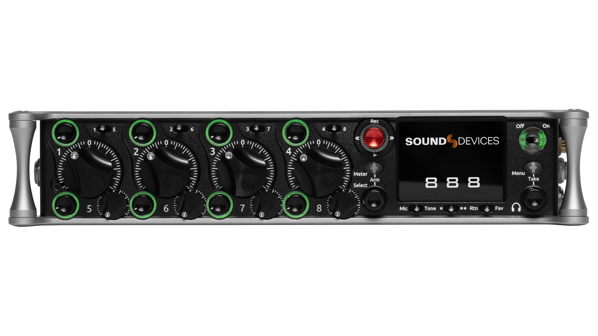 Sound Devices 888 audio mixer/recorder with dark front panel and green knob accents
