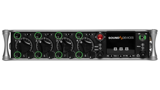 Sound Devices 888 audio mixer/recorder with dark front panel and green knob accents