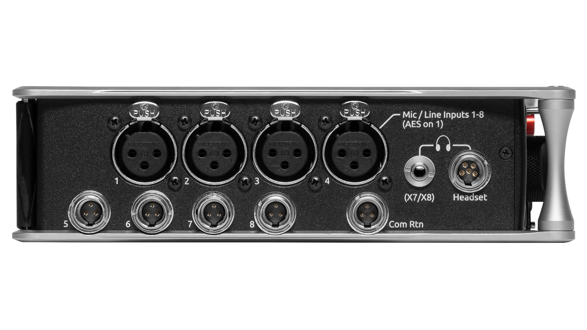 Sound Devices 888 rear panel with XLR and audio connectors on dark chassis
