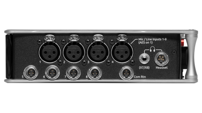 Sound Devices 888 rear panel with XLR and audio connectors on dark chassis
