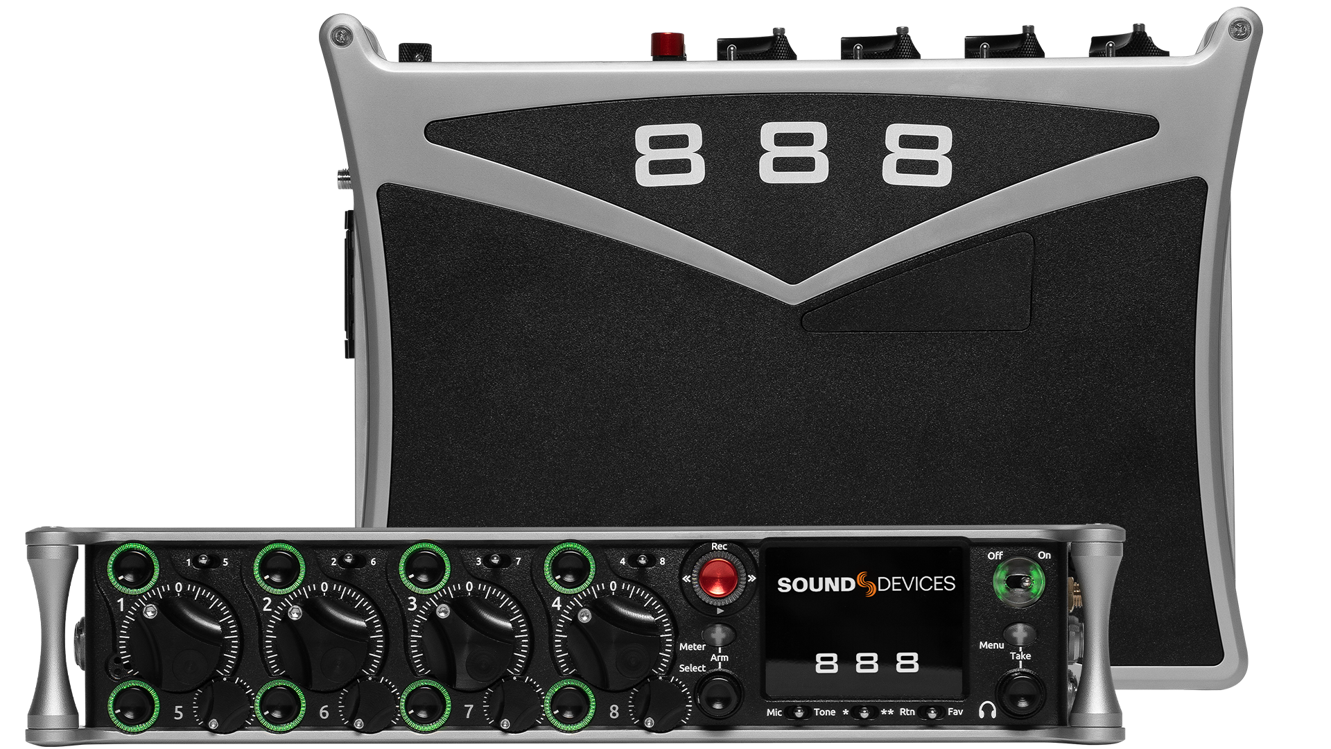 Sound Devices 888 front panel showing large “888” marking and control knobs