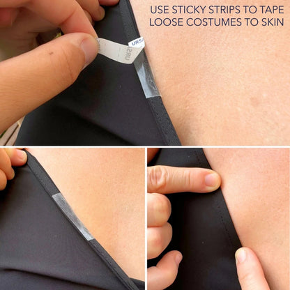 Hands applying a white adhesive sticky strip to dark fabric
