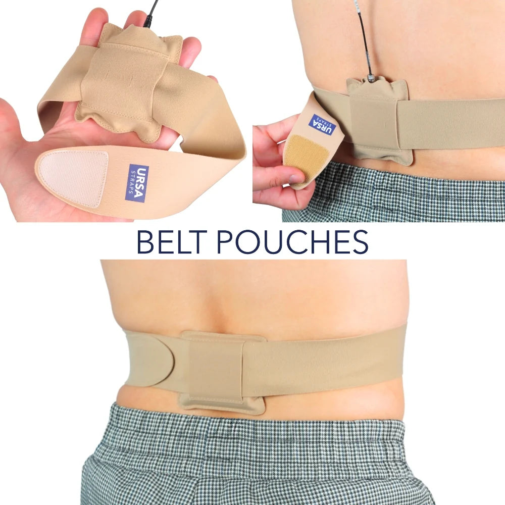 Beige URSA belt with detachable belt pouches and waist attachment over patterned pants