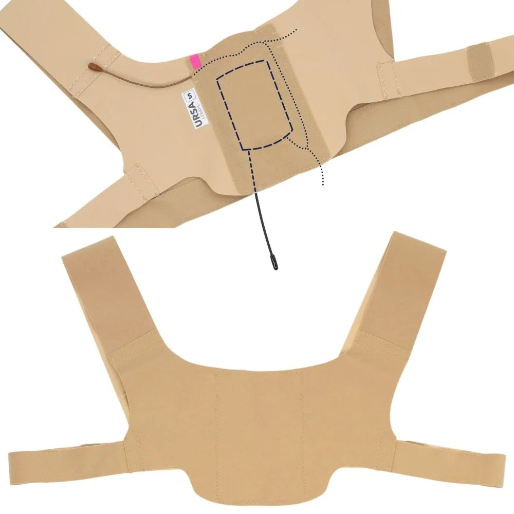 Beige X-strap harness plate with square-cut top, stitched straps, and drawstring