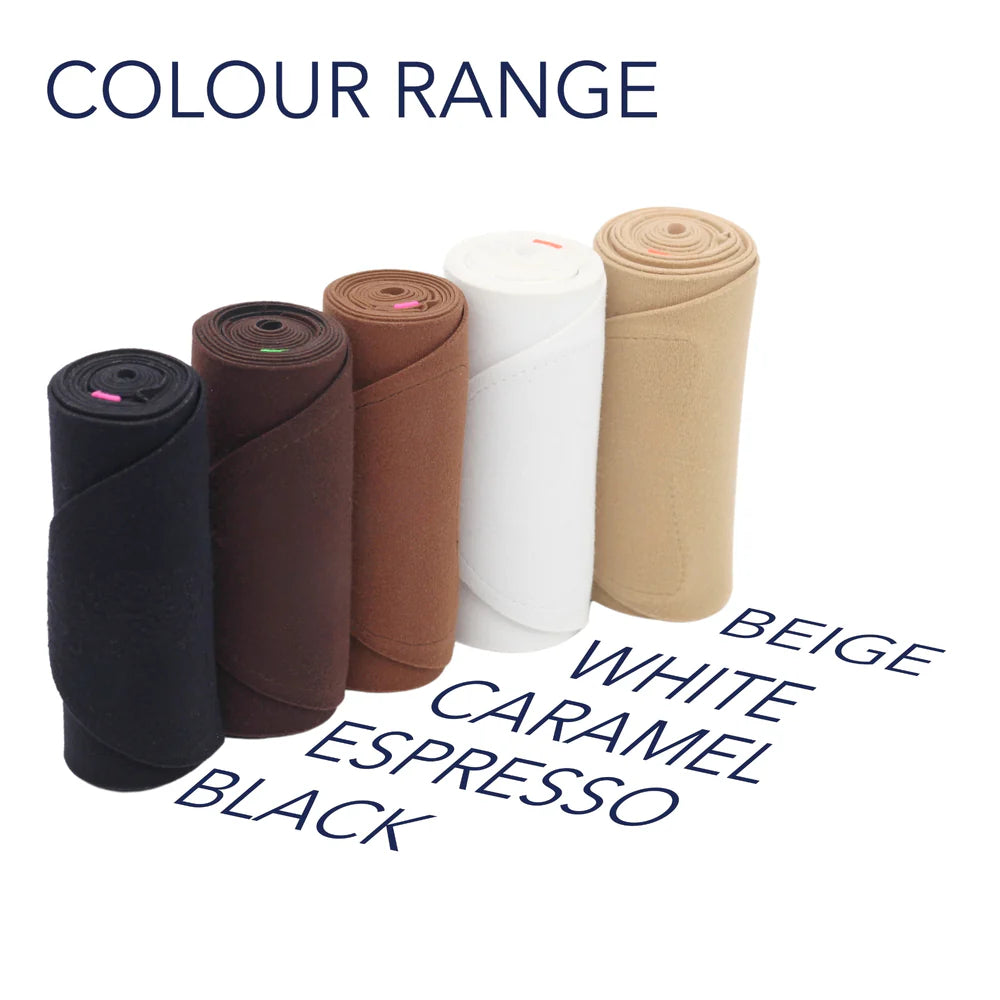 Waist strap color range with rolls in beige, white, camel, black, and brown
