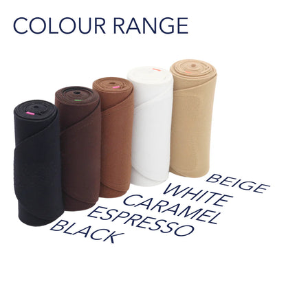 Waist strap color range with rolls in beige, white, camel, black, and brown