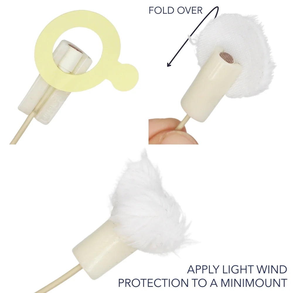 Beige MiniMount lav mic mount with white furry windscreen protection