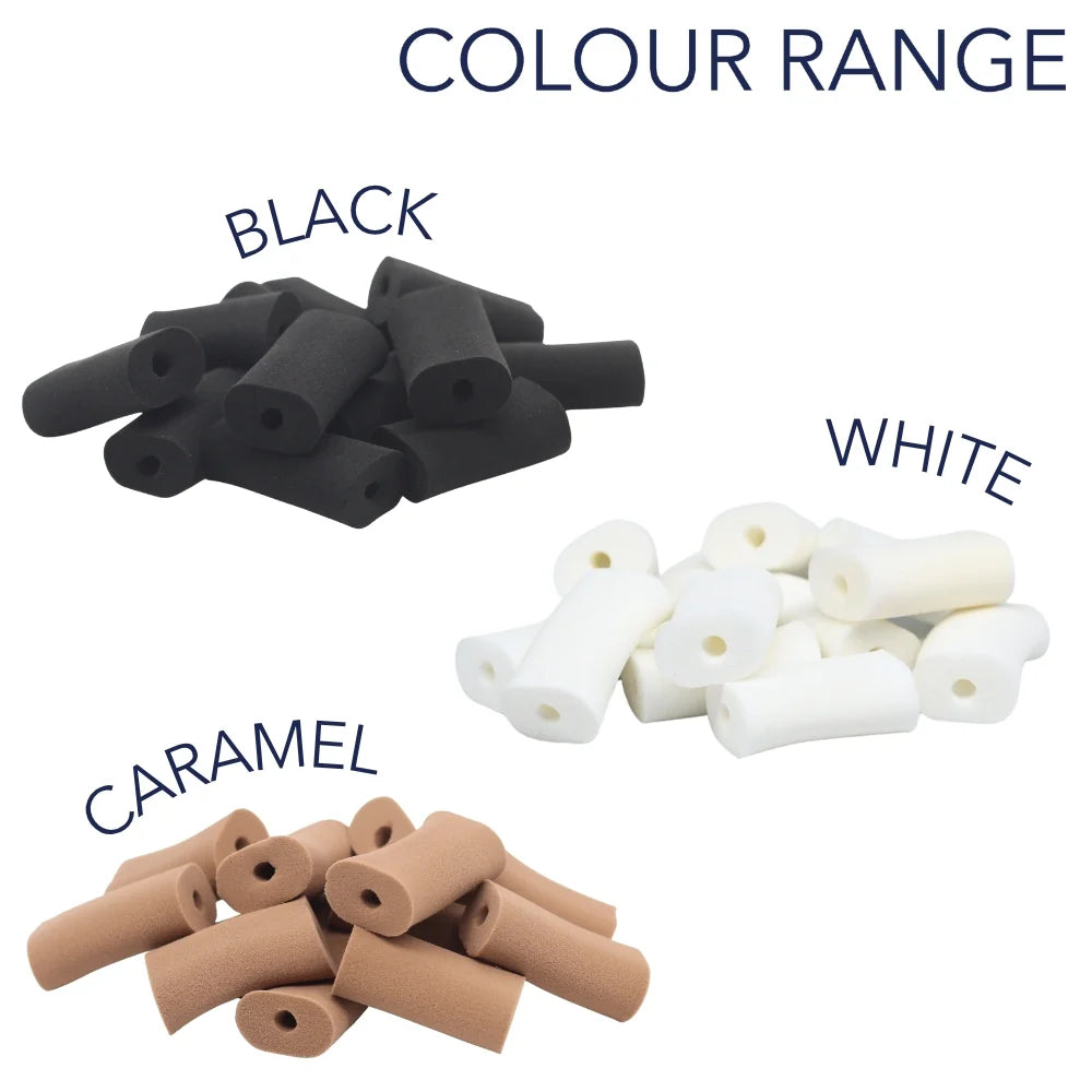 Foam lav mic mount refills in black, white, and caramel colors