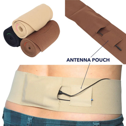 Beige and caramel brown waist straps with side pouch, device cable routed