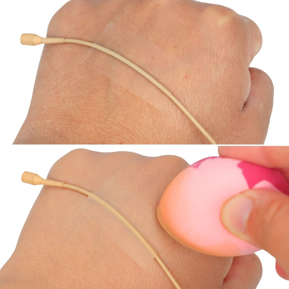 Invisi Strips clear adhesive tape cord looped around skin, shown being applied