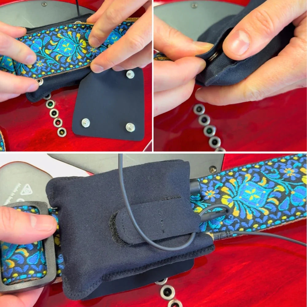 Black fabric pouch with snap-closure flap, cable routed through loop