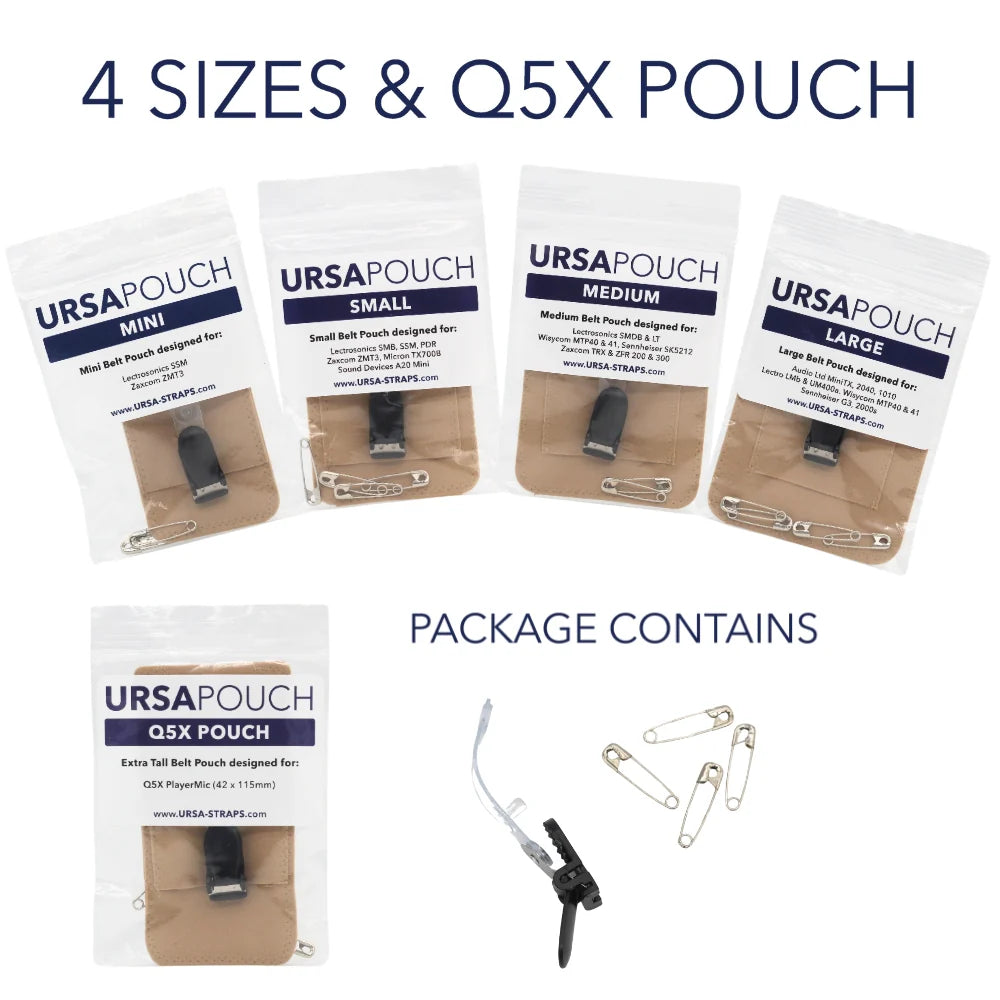 Belt pouch sizes shown on packaging: mini, small, medium, and large Q5x