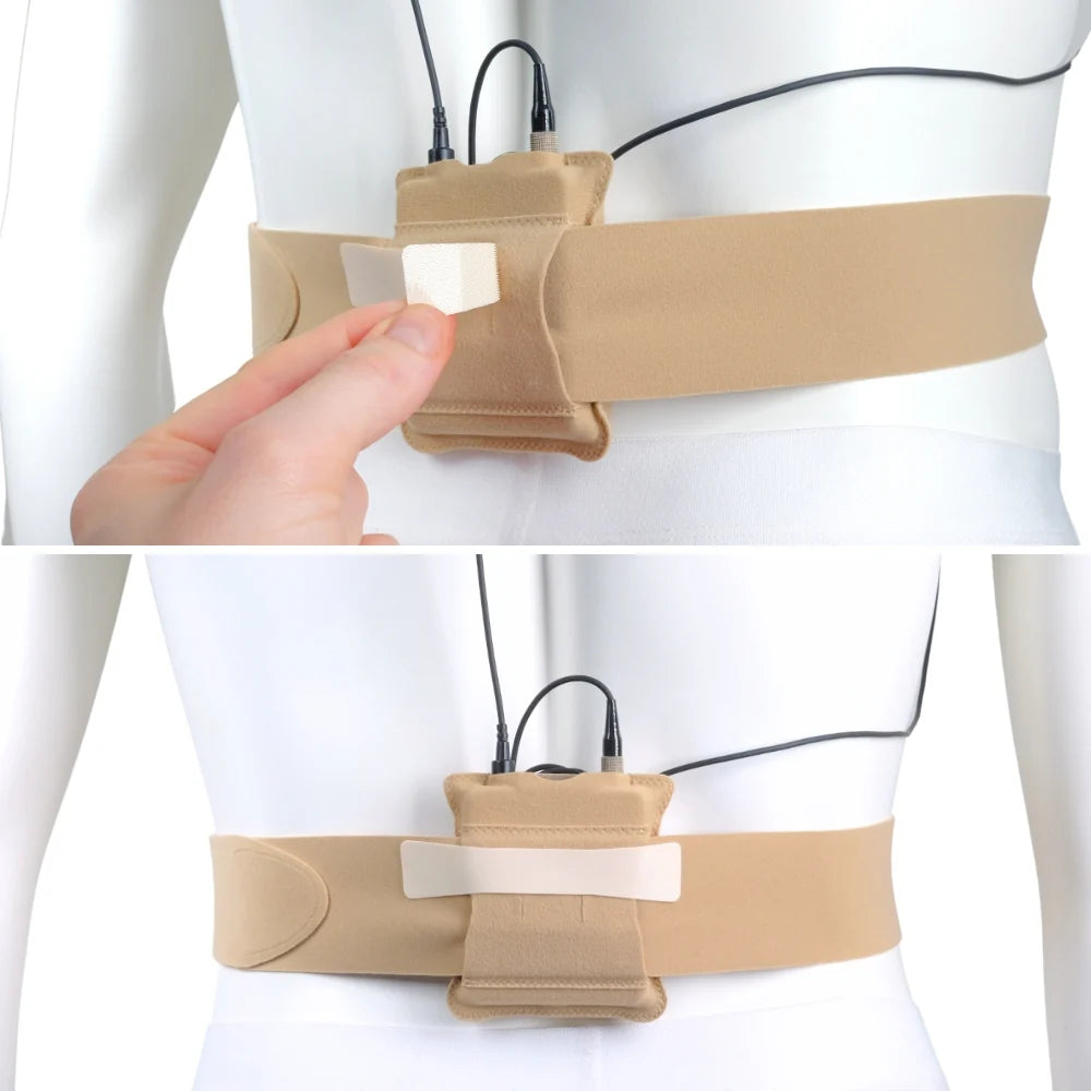 Beige URSA belt with front pouch and hand placing a clear protector pouch