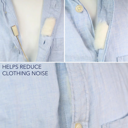 Beige fur sticky strip attached to a light blue shirt placket