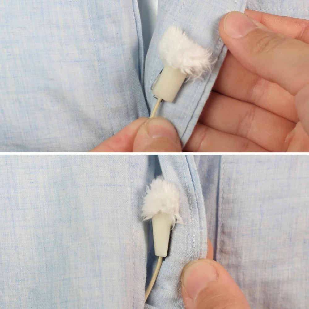 Beige MiniMount lav mic mount with white furry windscreen clipped on fabric