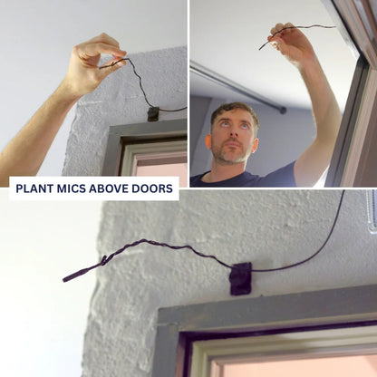 Wired URSA clip mic attached near a door frame; cable loop runs along the wall