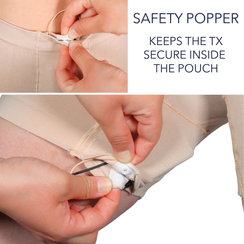 Beige shapewear shorts close-up with popper fastening on inner pouch
