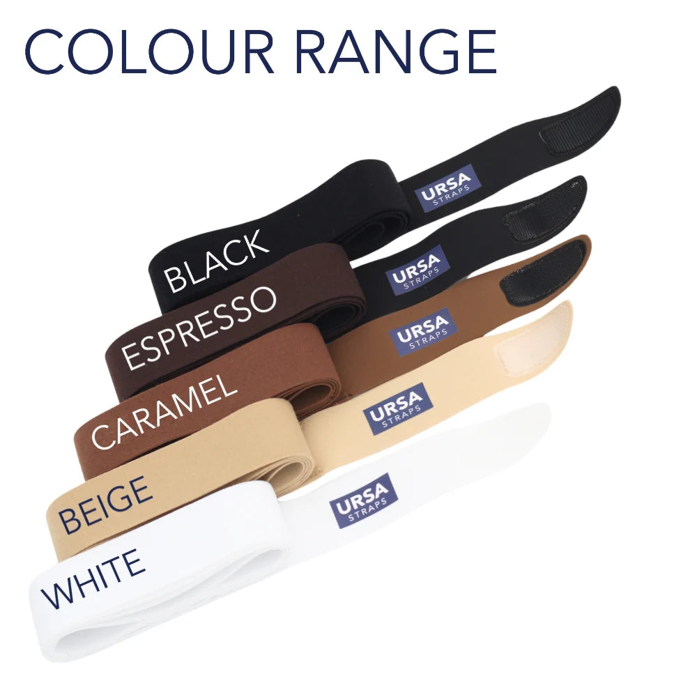 Color assortment of URSA adjustable chest straps in black, espresso, caramel, beige, white