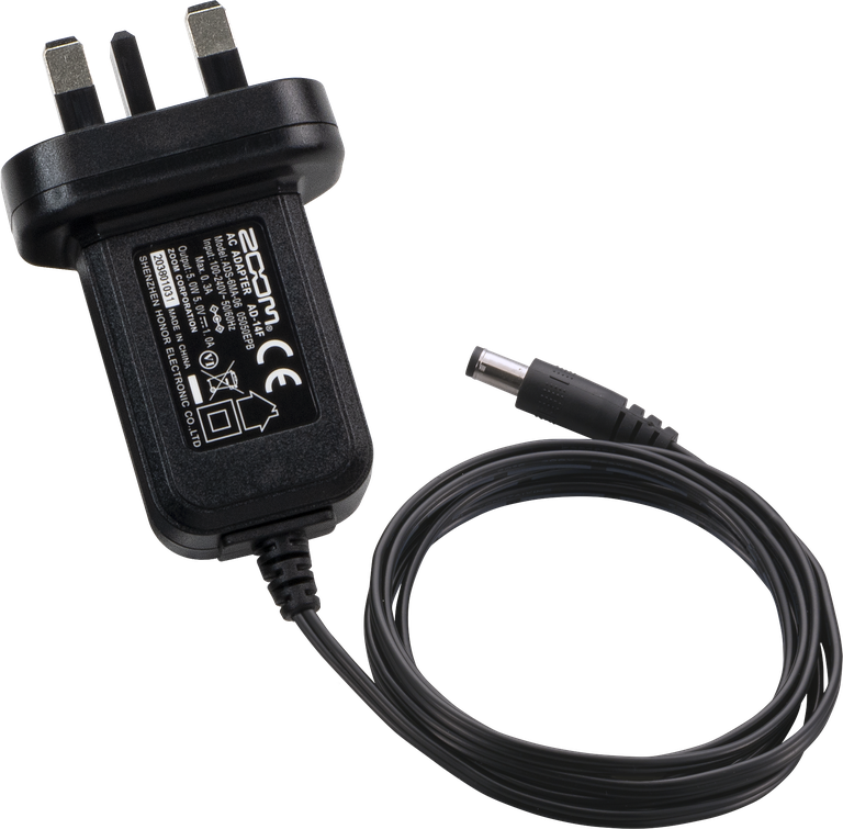 AC adapter with two-prong plug, DC barrel connector, and attached power cable