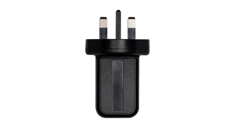 Black USB AC adapter plug with two metal prongs, front view