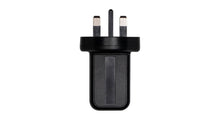 Black USB AC adapter plug with two metal prongs, front view