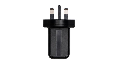 Black USB AC adapter plug with two metal prongs, front view