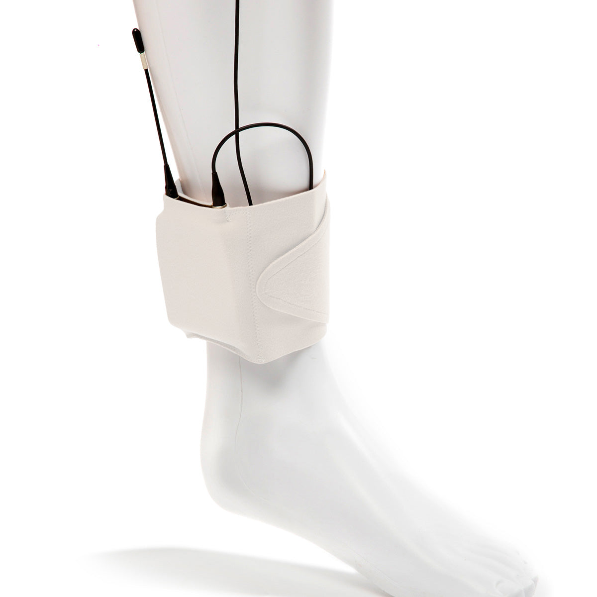 White ankle strap pouch with molded pocket and cable loops on a mannequin leg