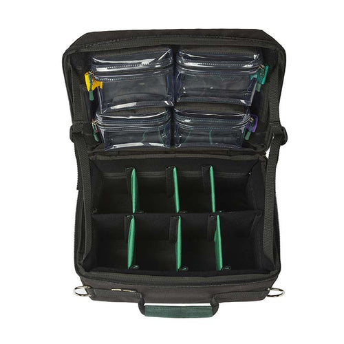 Black organizer case interior with clear zip pouches and green elastic divider loops.