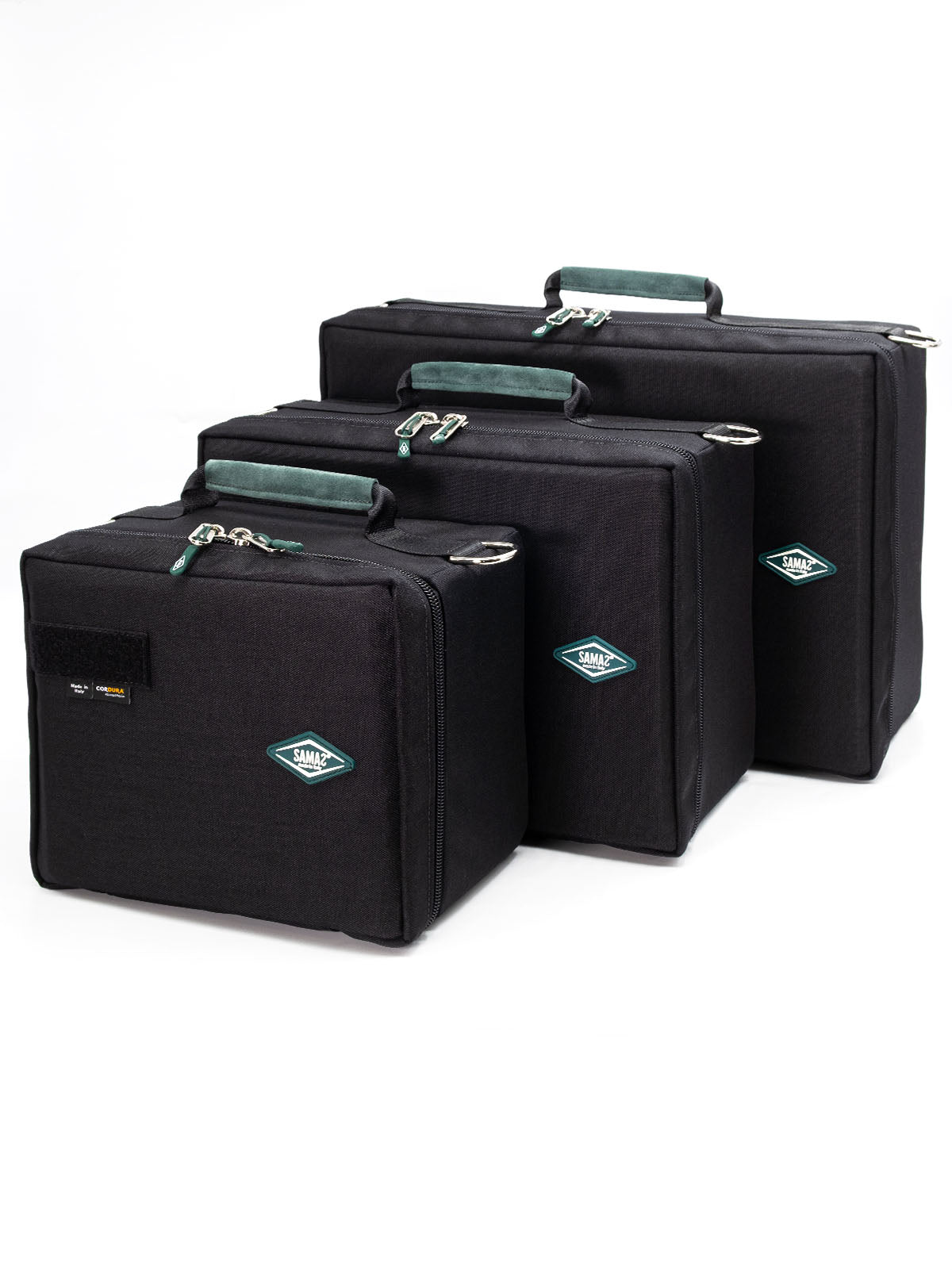 Black accessory organizer case set with teal-lined compartments and top handle.