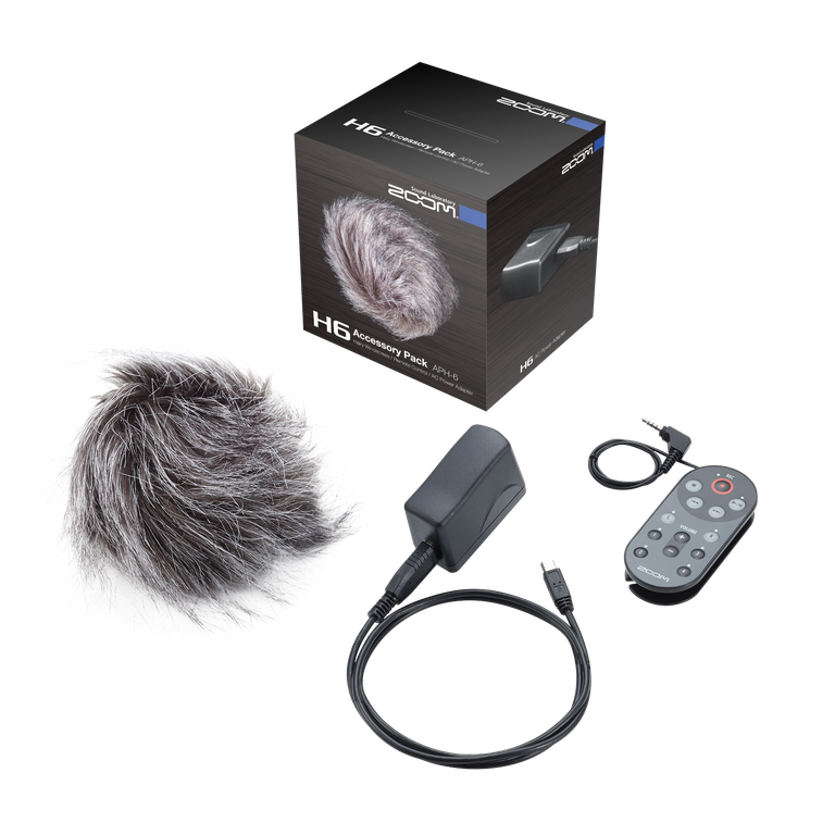 Zoom APH-6 accessory pack: gray furry windscreen, cables, and remote controller