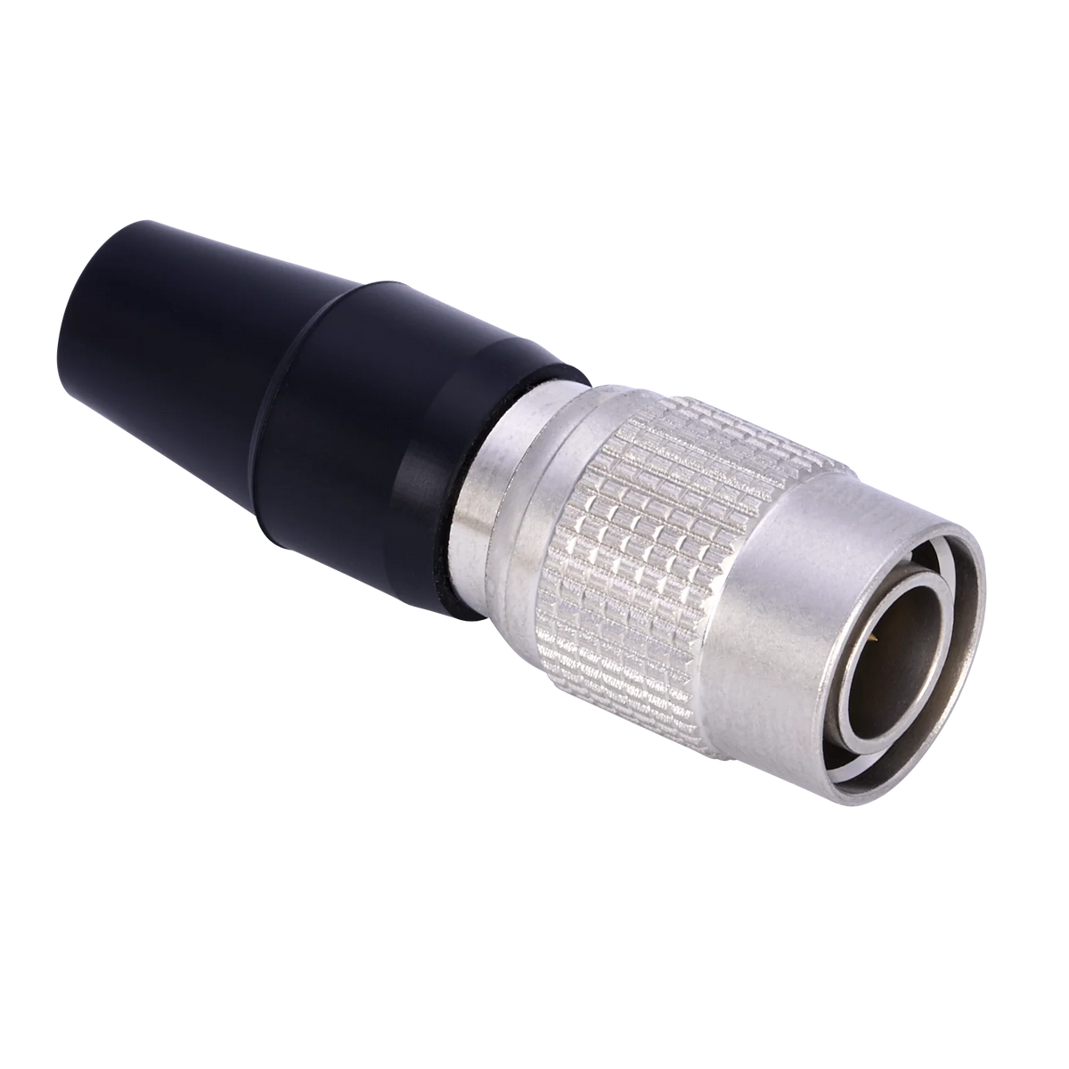4-pin DC male connector, straight metal body with knurled grip and black cable boot