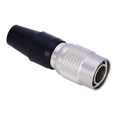 4-pin DC male connector, straight metal body with knurled grip and black cable boot