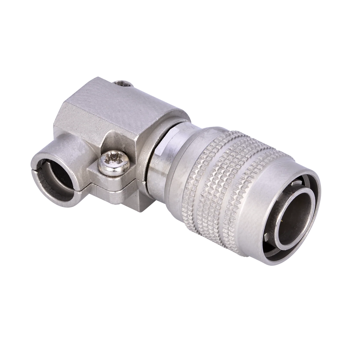 4-pin DC male connector, right-angle metal housing with knurled grip and pin opening
