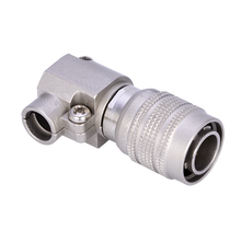 4-pin DC male connector, right-angle metal housing with knurled grip and pin opening